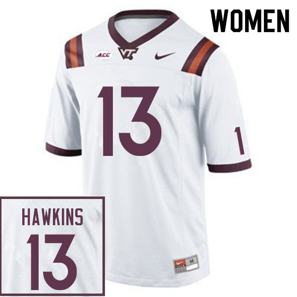 Women #13 Ny'Quee Hawkins Virginia Tech Hokies College Football Jerseys Sale-White